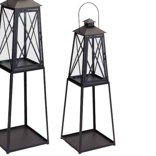 Black Traditional Metal Lantern with Tapered Stand Set